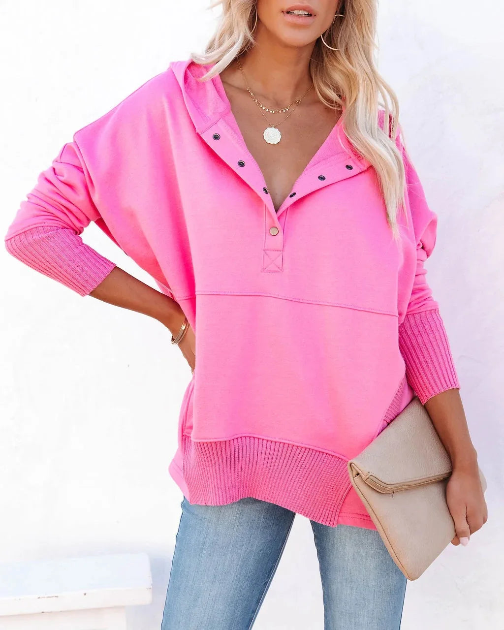 Stay Cozy in Style – Casual Loose White V-Neck Hooded Sweatshirt for Women