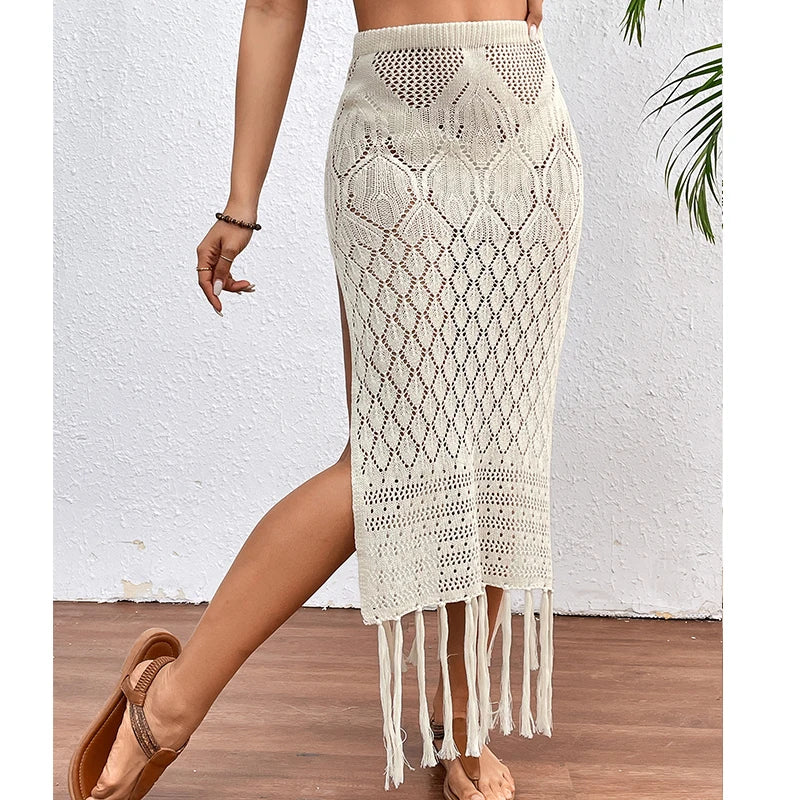 Women’s Knitted Texture Sarong Skirt – Sexy High Slit Tassel Beach Cover-Up