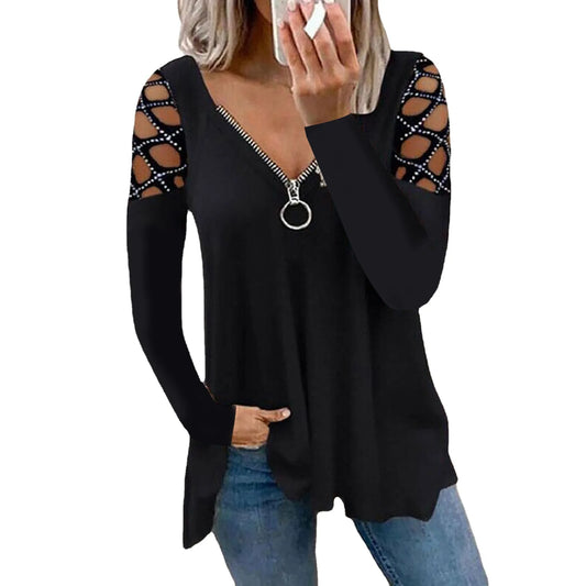 Woman's T-shirts Superior Quality spring/summer Hollow Out V Neck Zipper Long Sleeve Ladies