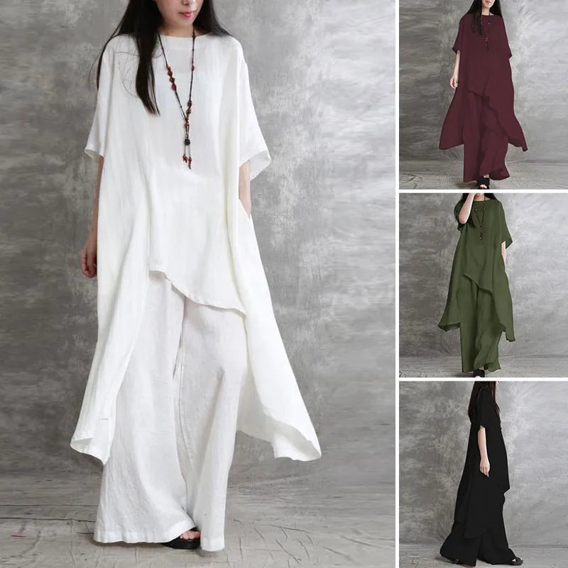 Women’s Cotton Linen 2-Piece Set – Casual Plus Size Sportswear Suit