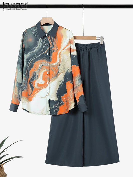 ZANZEA Fashion Women’s Two-Piece Set – Long Sleeve Lapel Shirt & Wide-Leg Pants
