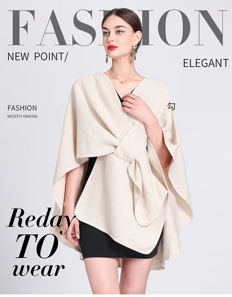Fashion Side Strap Wool-Blend Poncho Cape – Autumn/Winter Women’s Cardigan Shawl Cloak
