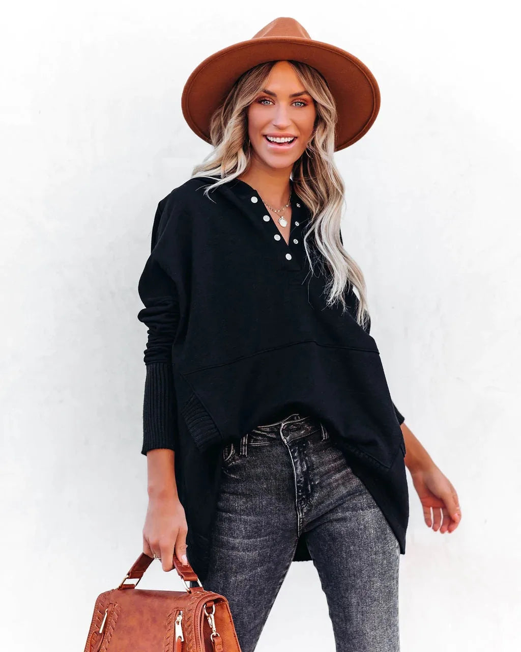 Stay Cozy in Style – Casual Loose White V-Neck Hooded Sweatshirt for Women