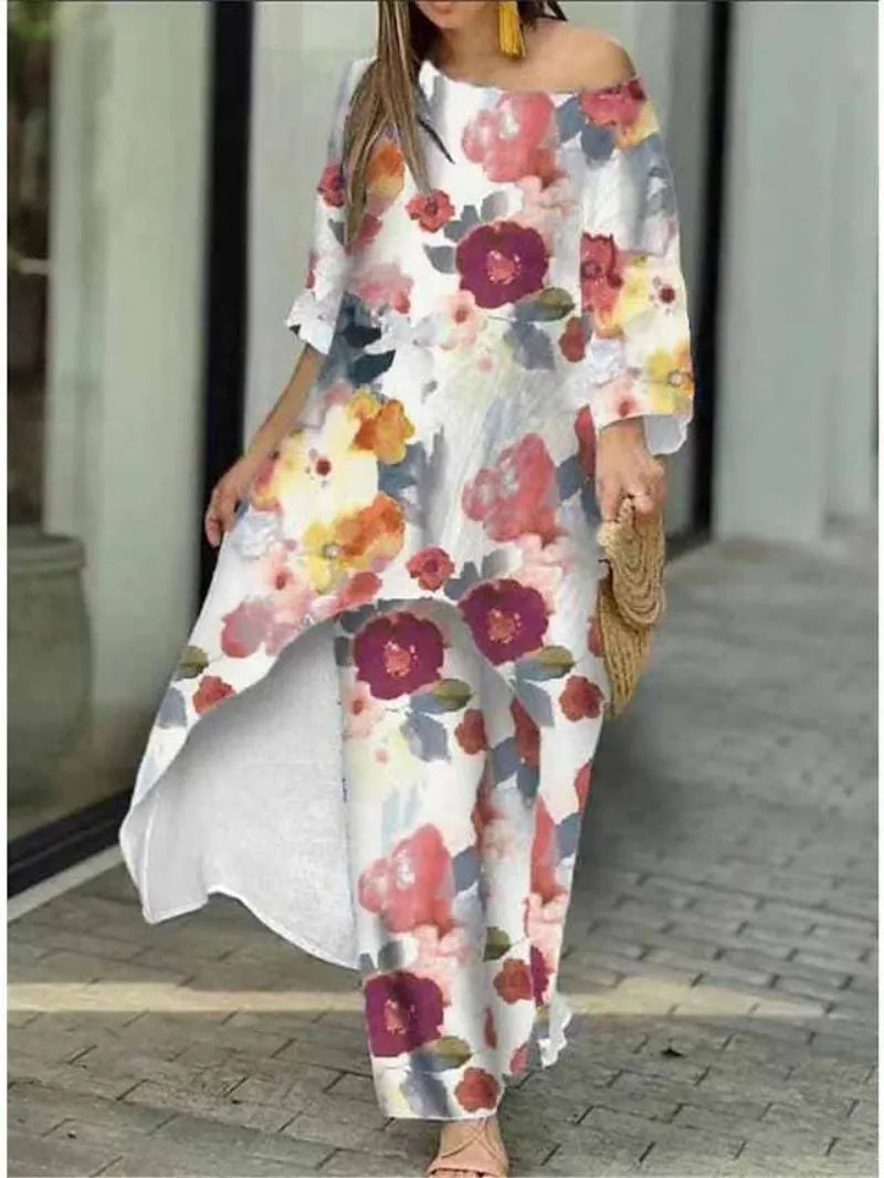 Women’s Two-Piece Pant Set – Floral Print, Casual & Comfortable