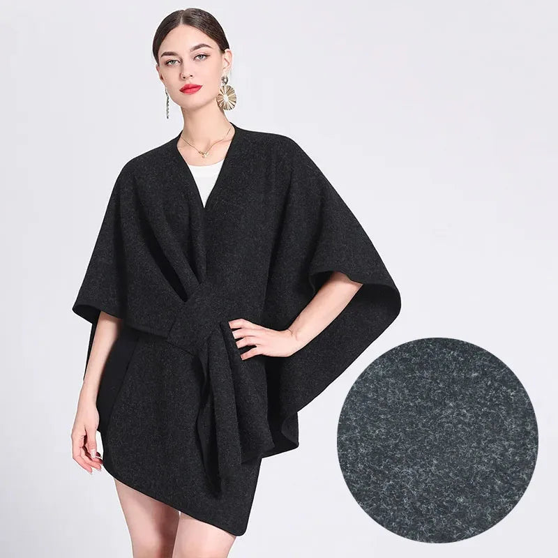 Fashion Side Strap Wool-Blend Poncho Cape – Autumn/Winter Women’s Cardigan Shawl Cloak