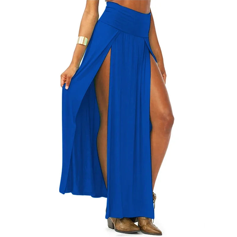 New Arrival High Waisted Sexy Women's Double Slits Summer Solid Long Maxi Skirt