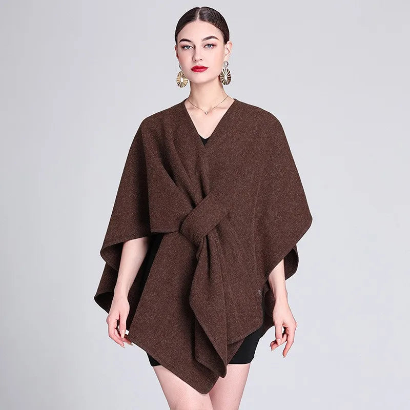 Fashion Side Strap Wool-Blend Poncho Cape – Autumn/Winter Women’s Cardigan Shawl Cloak