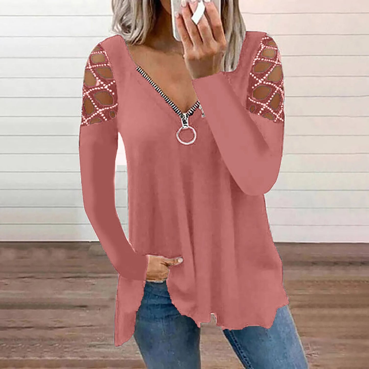 Woman's T-shirts Superior Quality spring/summer Hollow Out V Neck Zipper Long Sleeve Ladies