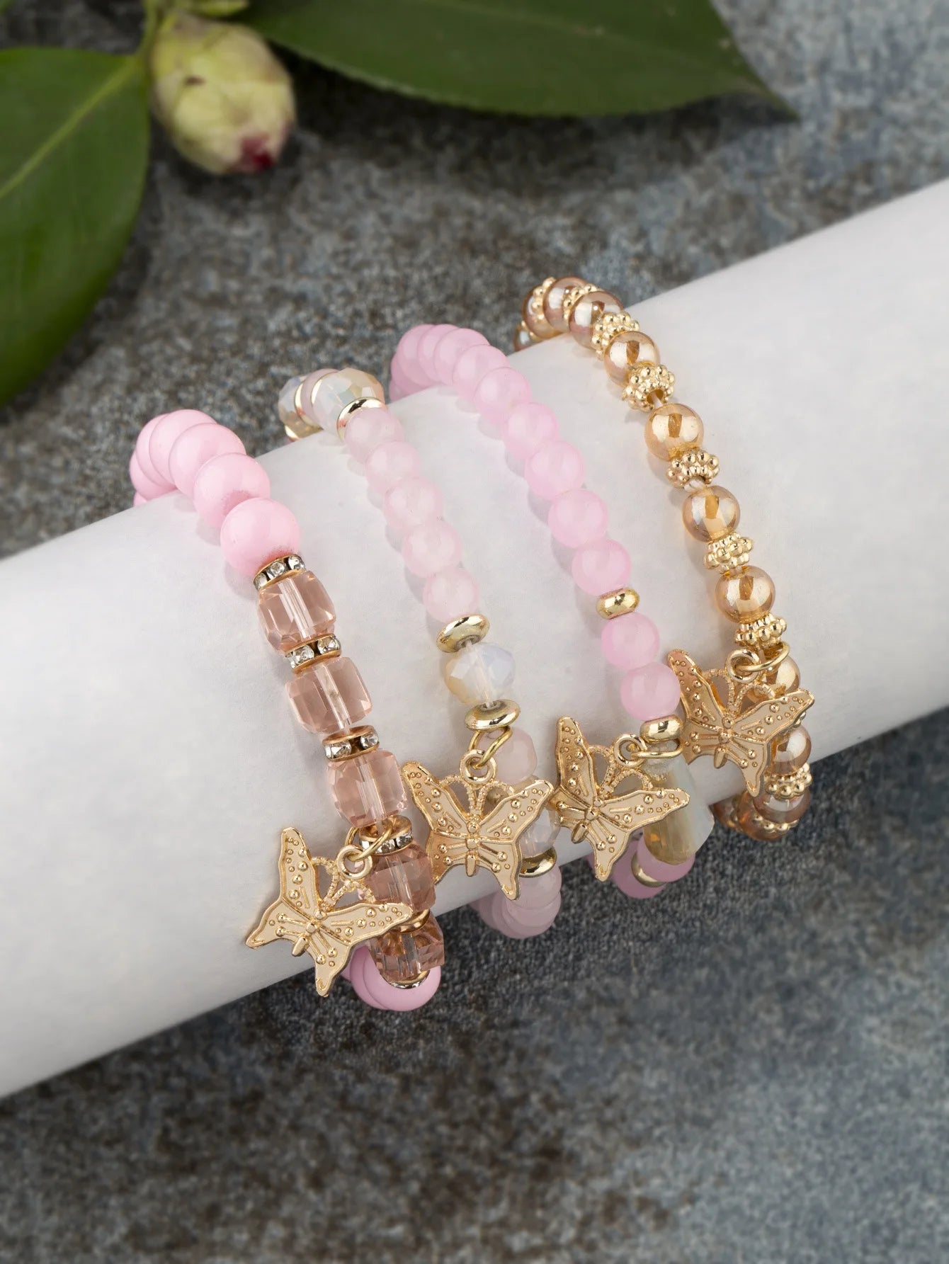4-Piece Trendy Butterfly Beaded Bracelet Set for Women