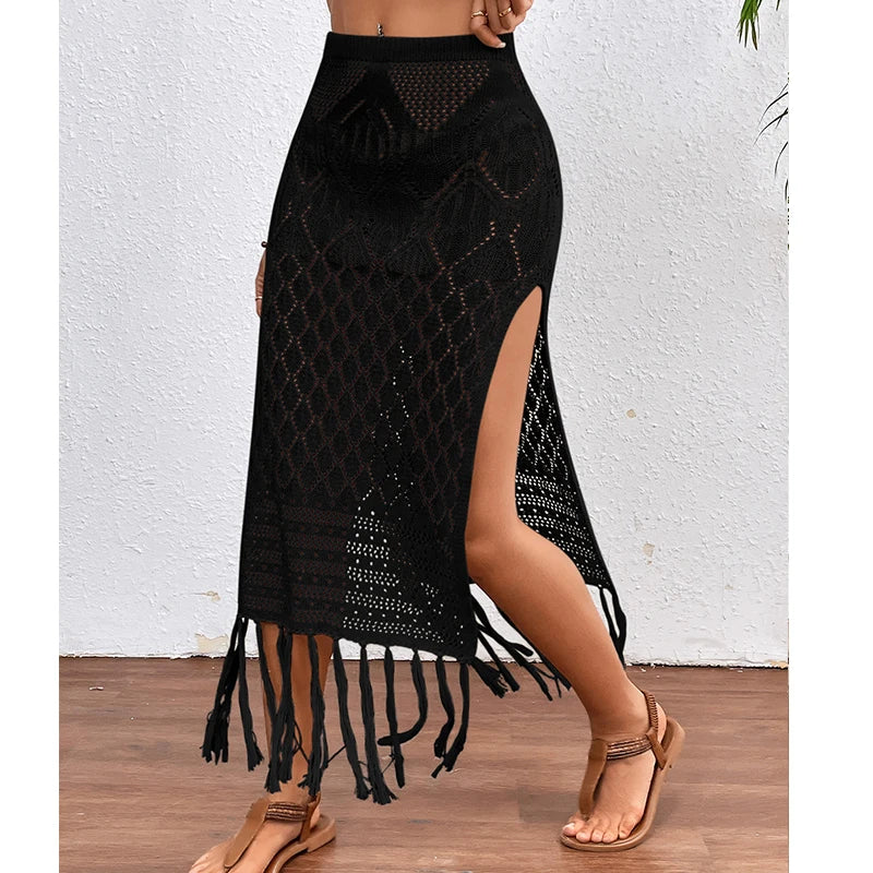 Women’s Knitted Texture Sarong Skirt – Sexy High Slit Tassel Beach Cover-Up