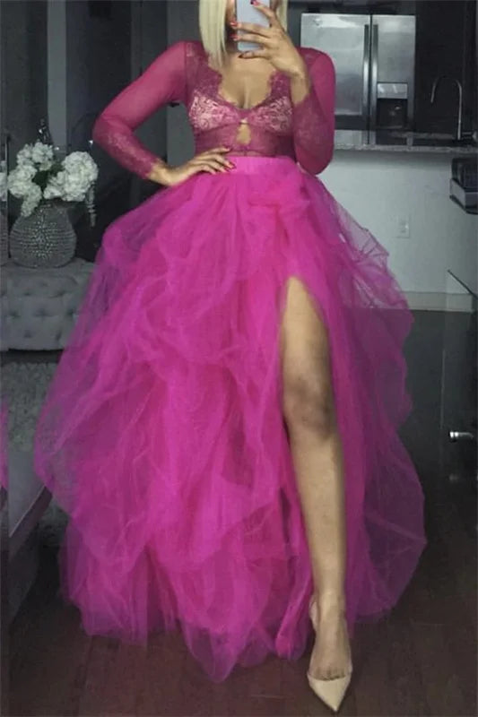 Women’s Tutu Long Skirt – Front Split Layered Tulle Puffy Skirts