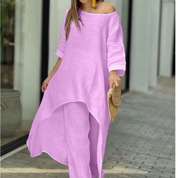 Two-Piece Women's African Outfit – Cotton Linen Top & Oversized Trousers