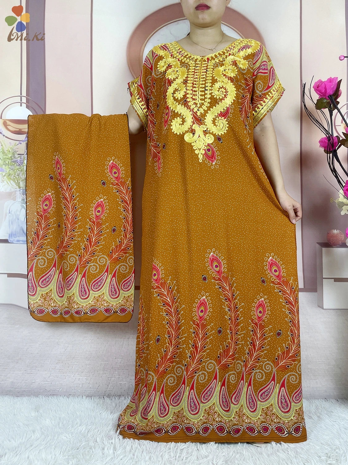 Elegant African Abaya Party Dress – Floral Embroidered Boubou Maxi