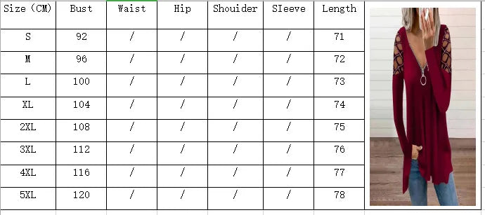 Woman's T-shirts Superior Quality spring/summer Hollow Out V Neck Zipper Long Sleeve Ladies