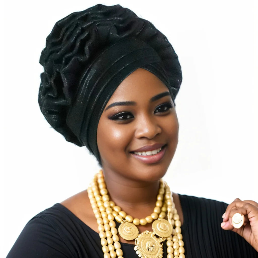 Glitter Ruffled Turban Hijab Bonnet for Women