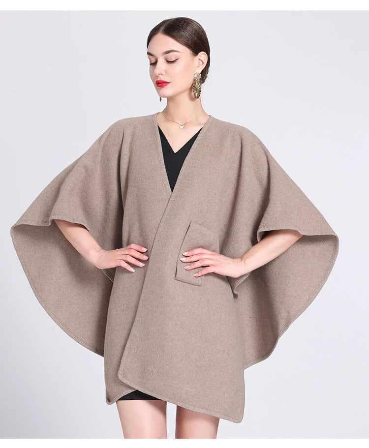 Fashion Side Strap Wool-Blend Poncho Cape – Autumn/Winter Women’s Cardigan Shawl Cloak
