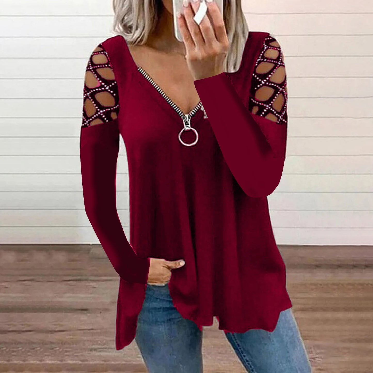 Woman's T-shirts Superior Quality spring/summer Hollow Out V Neck Zipper Long Sleeve Ladies