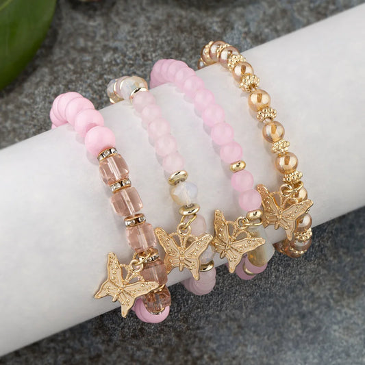 4-Piece Trendy Butterfly Beaded Bracelet Set for Women