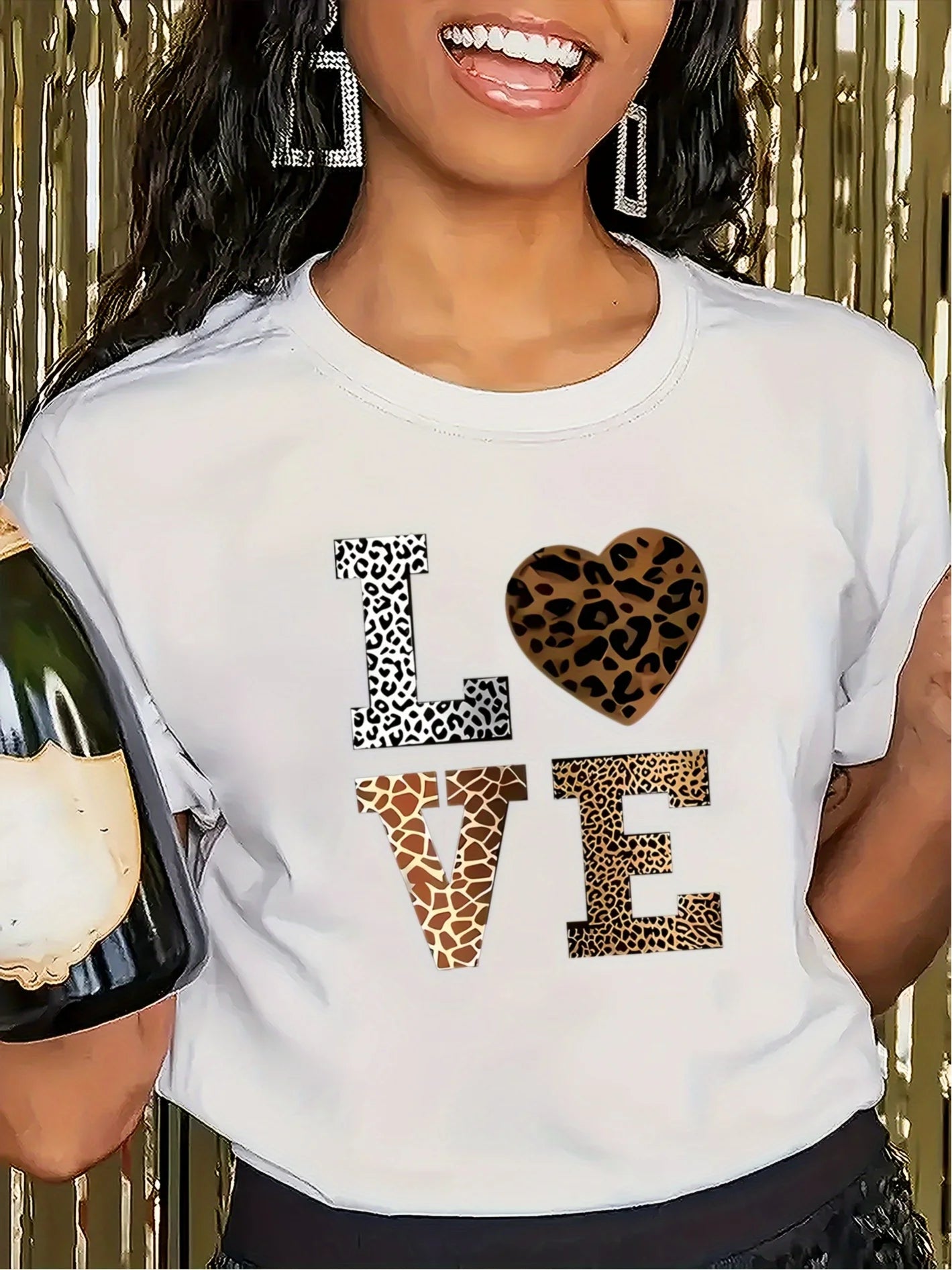 Fashion White “Love” Leopard Heart Pattern T-Shirt – Casual Round Neck Short Sleeve Tee