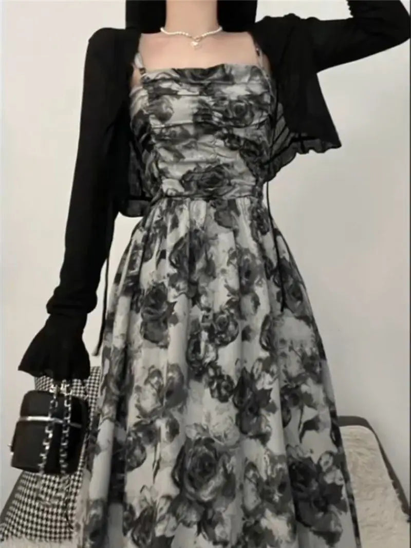 Rose Print Black Cardigan Dress Set – Lightweight, Loose, Casual Summer Sunscreen Two-Piece for Women