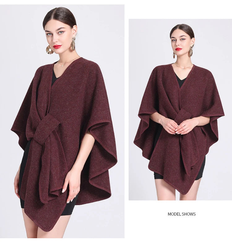 Fashion Side Strap Wool-Blend Poncho Cape – Autumn/Winter Women’s Cardigan Shawl Cloak