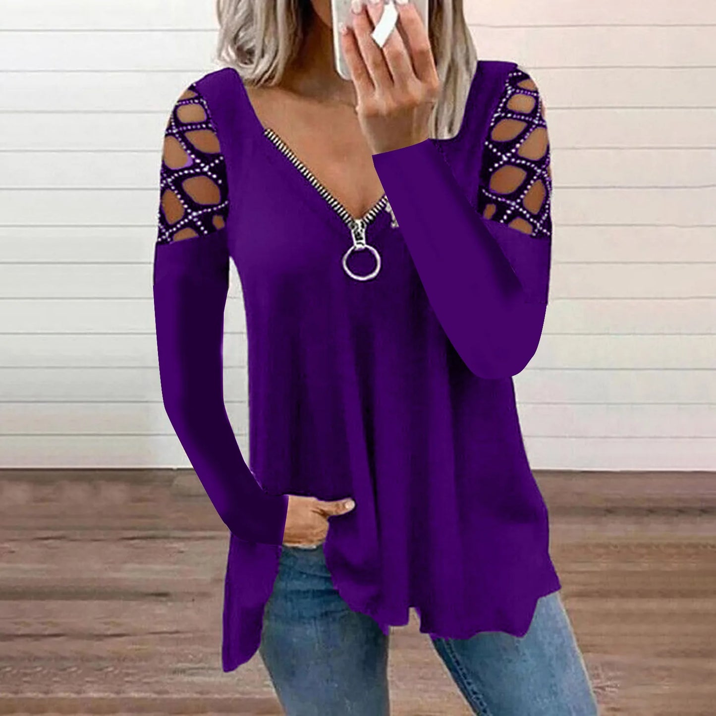 Woman's T-shirts Superior Quality spring/summer Hollow Out V Neck Zipper Long Sleeve Ladies