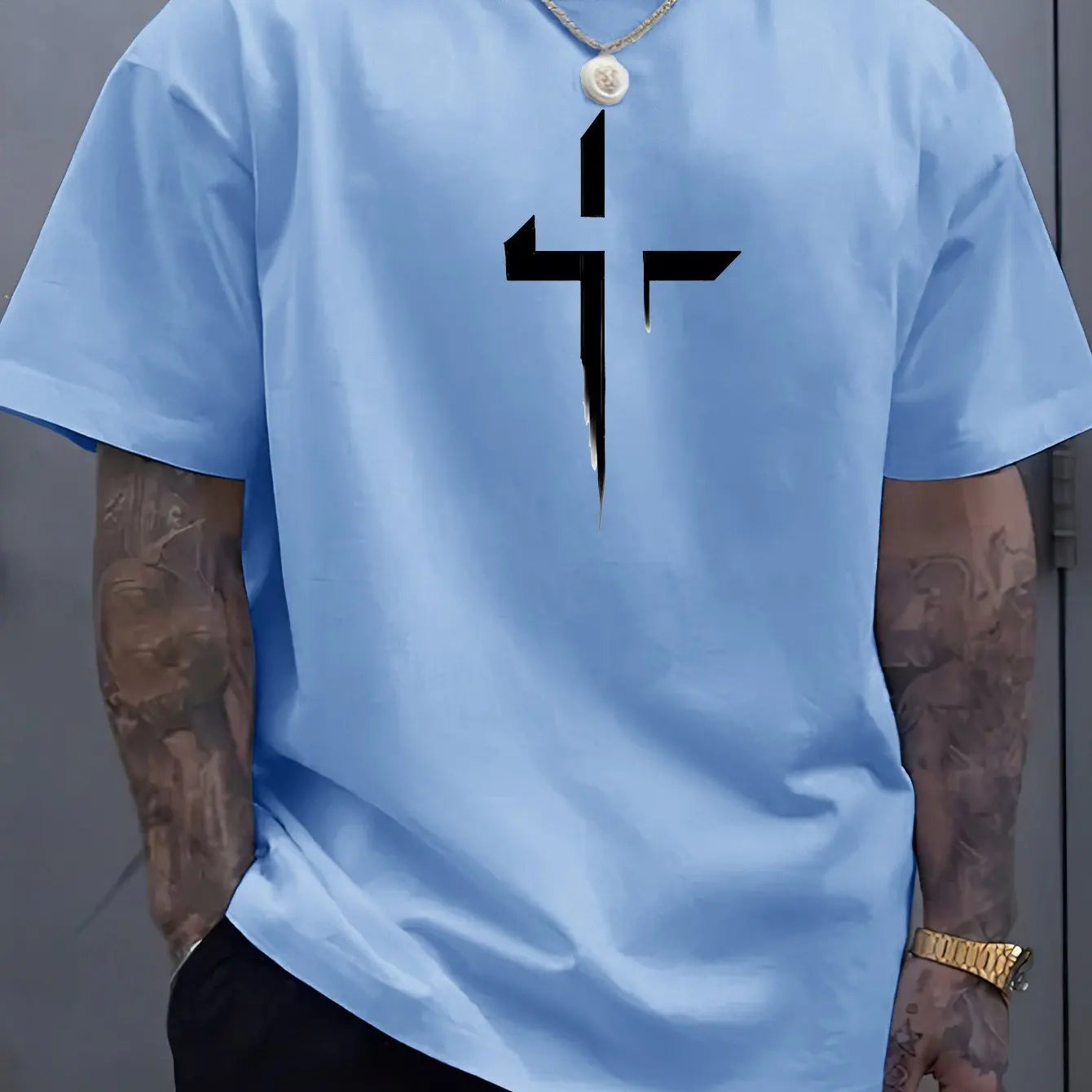 Men’s Summer Casual T-Shirt – 100% Pure Cotton, Plus Size, Creative Cross Prin