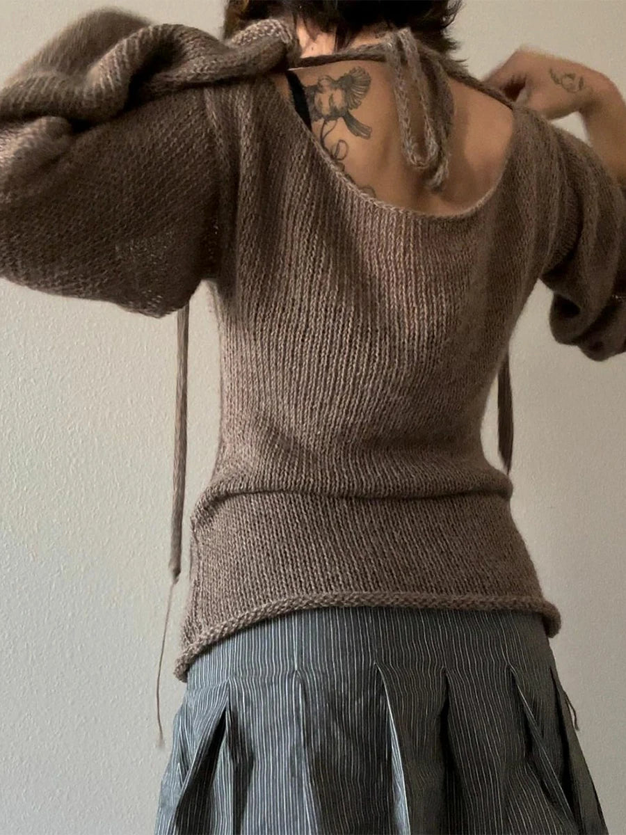 Fashion Women's Tie-Back Sweater – Y2K-Inspired Knit Pullover