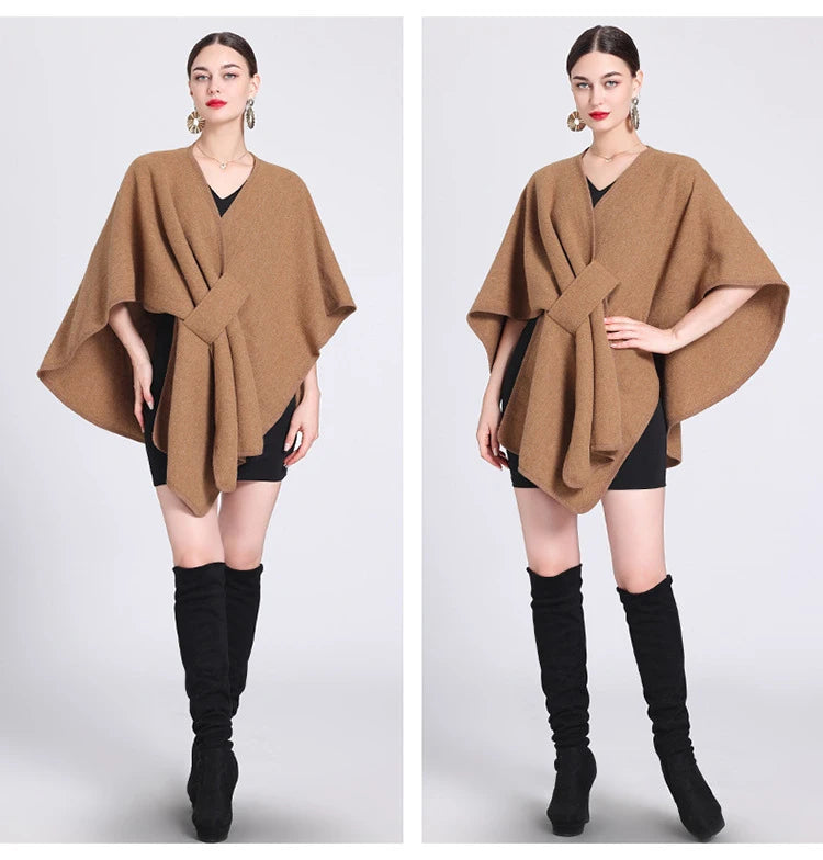 Fashion Side Strap Wool-Blend Poncho Cape – Autumn/Winter Women’s Cardigan Shawl Cloak