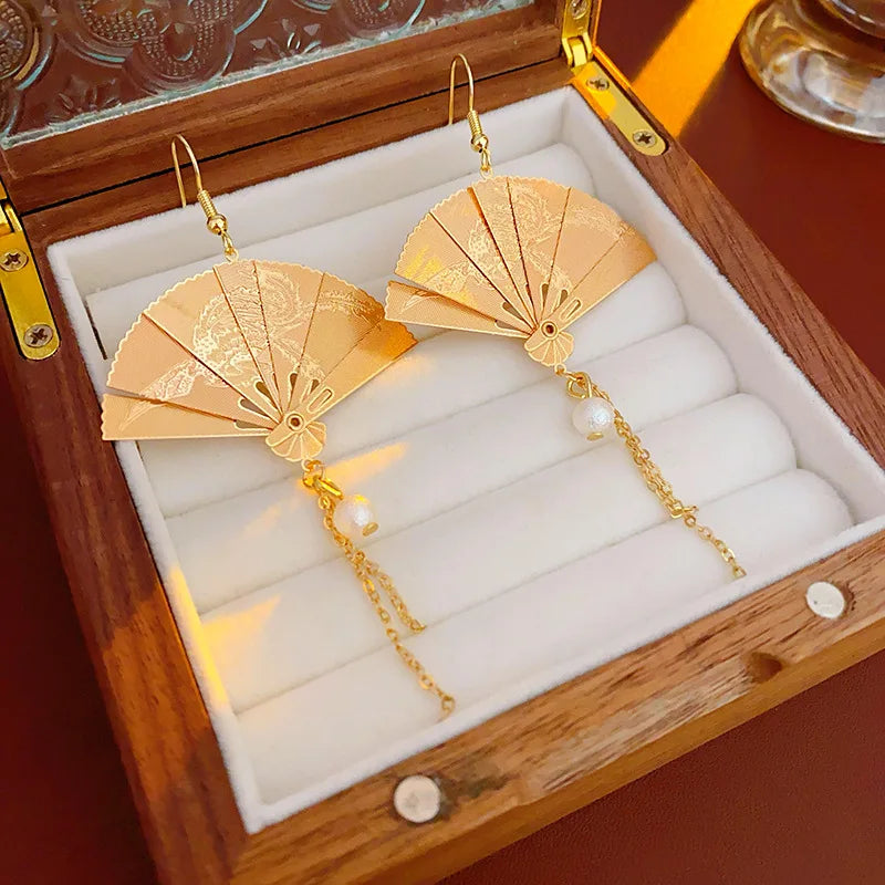 Chinese Style Metal Carved Fan Pearl Fringe Dangle Earrings