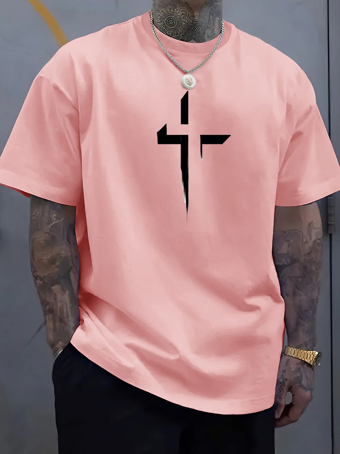 Men’s Summer Casual T-Shirt – 100% Pure Cotton, Plus Size, Creative Cross Prin