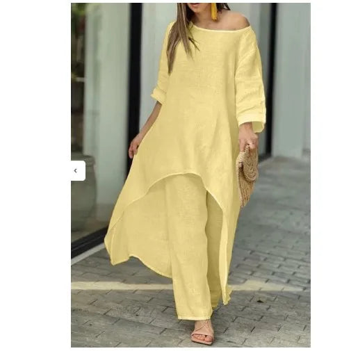 Two-Piece Women's African Outfit – Cotton Linen Top & Oversized Trousers