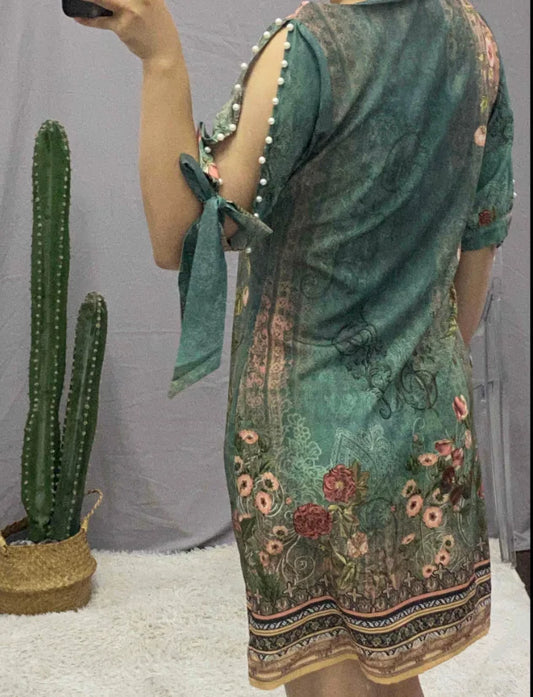 Women's Summer Retro Print Mini Dress – O-Neck Ethnic Style Loose Fit Casual Elegant Beach Dress