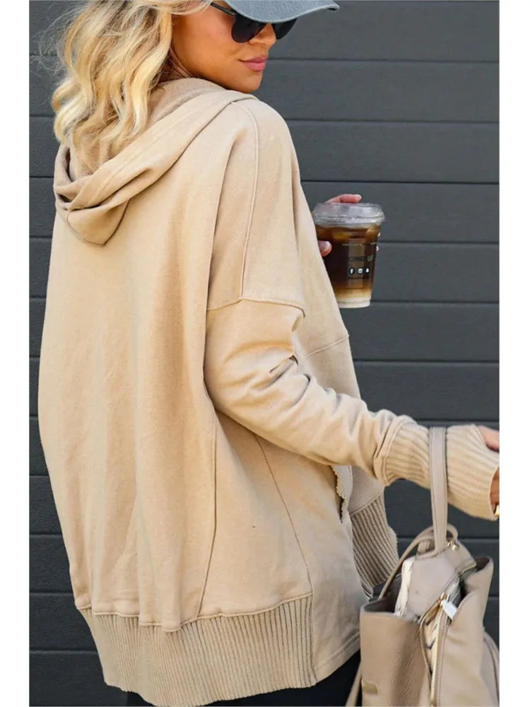 Stay Cozy in Style – Casual Loose White V-Neck Hooded Sweatshirt for Women