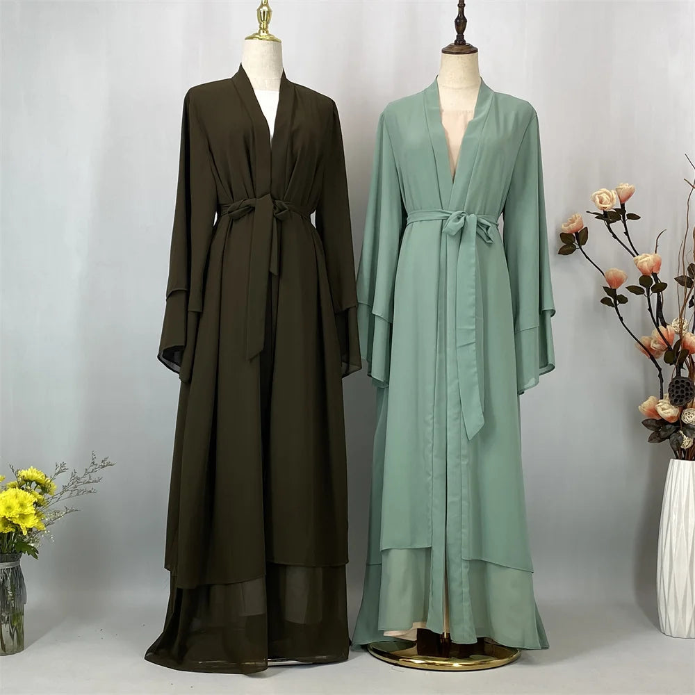 Latest Muslim Abaya – Two-Layer Chiffon Elegant Cardigan Robe for Women