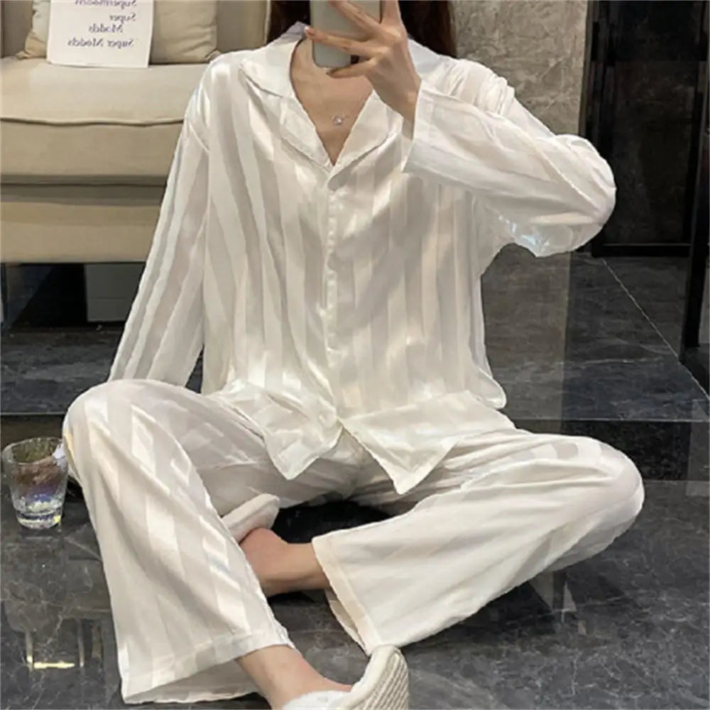 Women's Summer Striped Silk Satin Pajama Set – Long Sleeve Top & Trousers