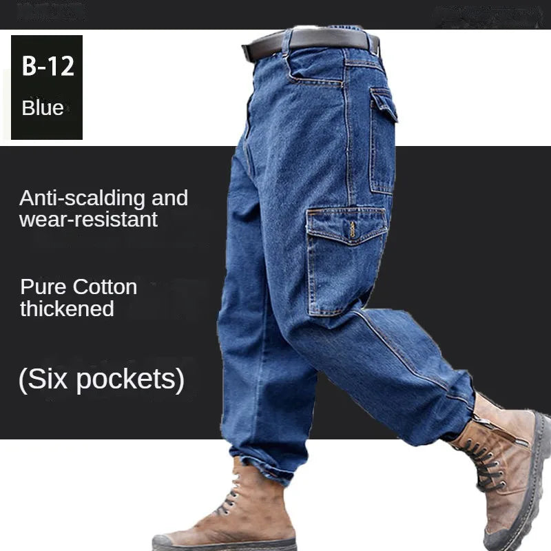 Men's Workwear Overalls Pants – Durable, Thickened Cotton Denim with Multiple Pockets