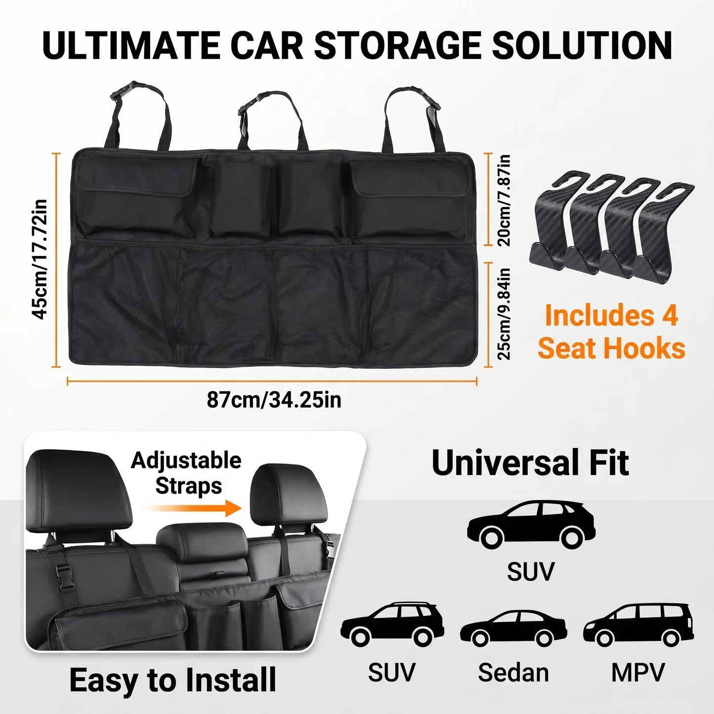 Car Trunk Organizer, Backseat Hanging Organizer with Large Storage Bag, Extra-Large Capacity Cargo Storage Organizer for SUVs, Trucks & Vans