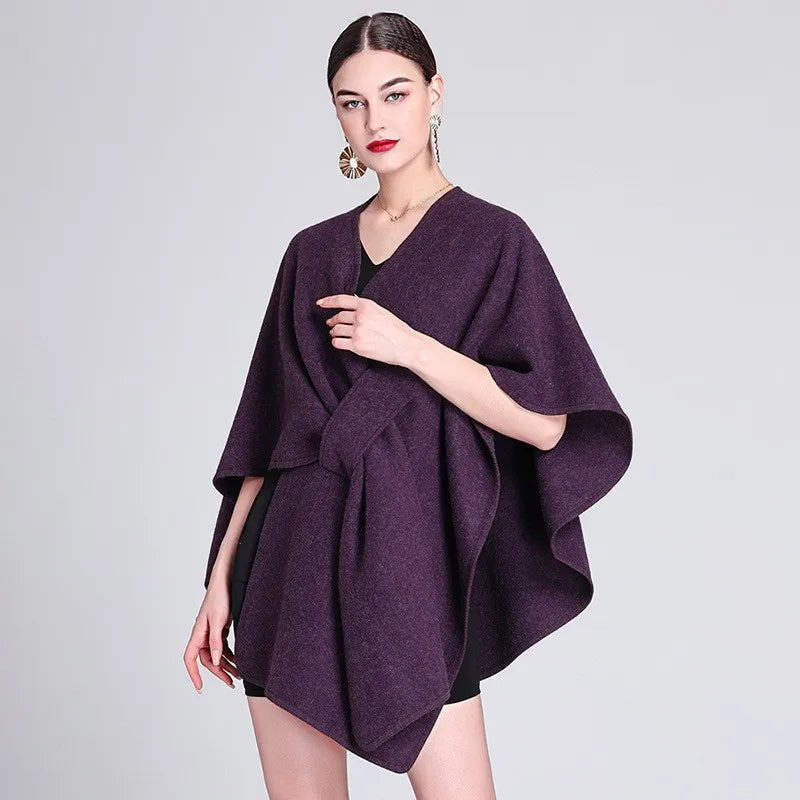 Fashion Side Strap Wool-Blend Poncho Cape – Autumn/Winter Women’s Cardigan Shawl Cloak