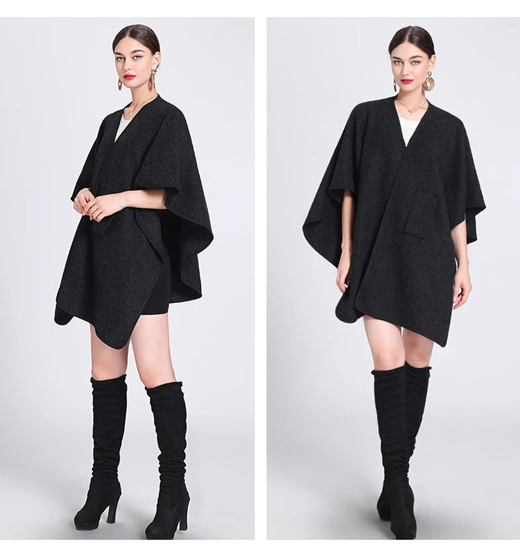 Fashion Side Strap Wool-Blend Poncho Cape – Autumn/Winter Women’s Cardigan Shawl Cloak