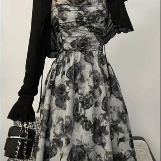 Rose Print Black Cardigan Dress Set – Lightweight, Loose, Casual Summer Sunscreen Two-Piece for Women