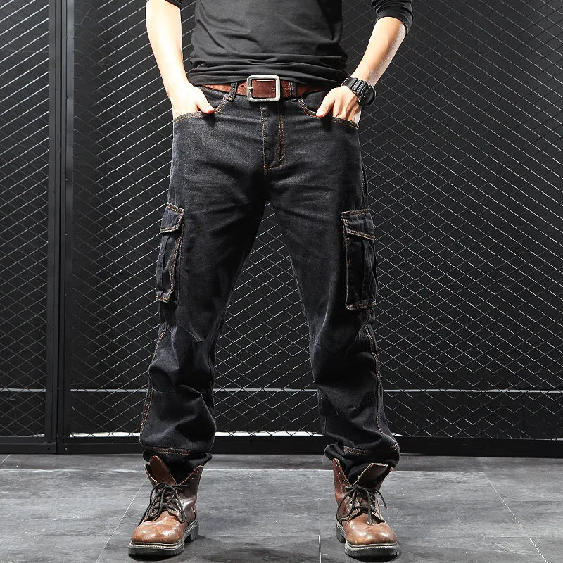 Men's Multi-Pocket Straight Cargo Jeans – Loose Fit Casual Denim