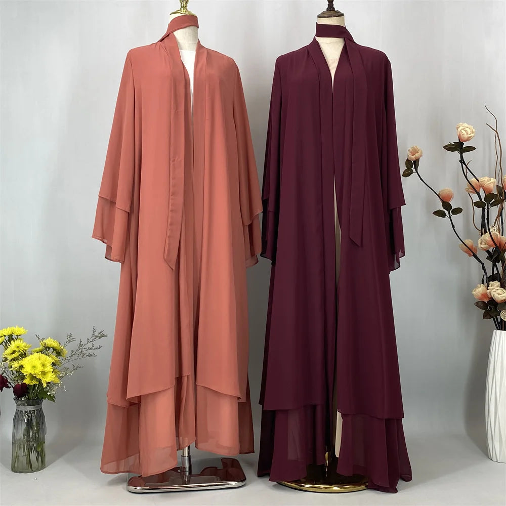 Latest Muslim Abaya – Two-Layer Chiffon Elegant Cardigan Robe for Women