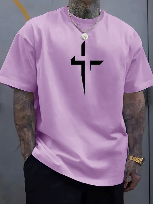 Men’s Summer Casual T-Shirt – 100% Pure Cotton, Plus Size, Creative Cross Prin