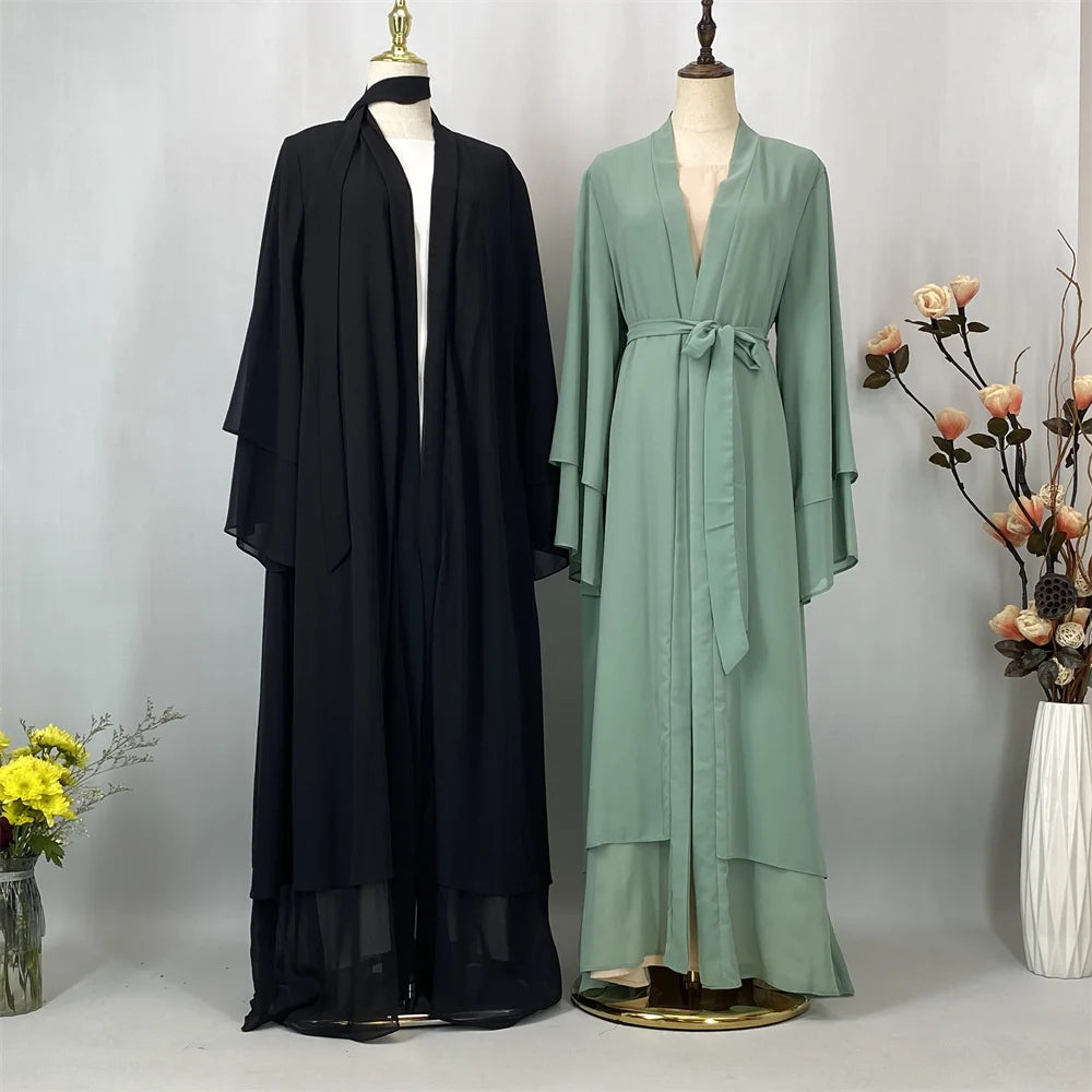 Latest Muslim Abaya – Two-Layer Chiffon Elegant Cardigan Robe for Women
