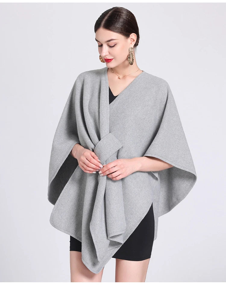 Fashion Side Strap Wool-Blend Poncho Cape – Autumn/Winter Women’s Cardigan Shawl Cloak