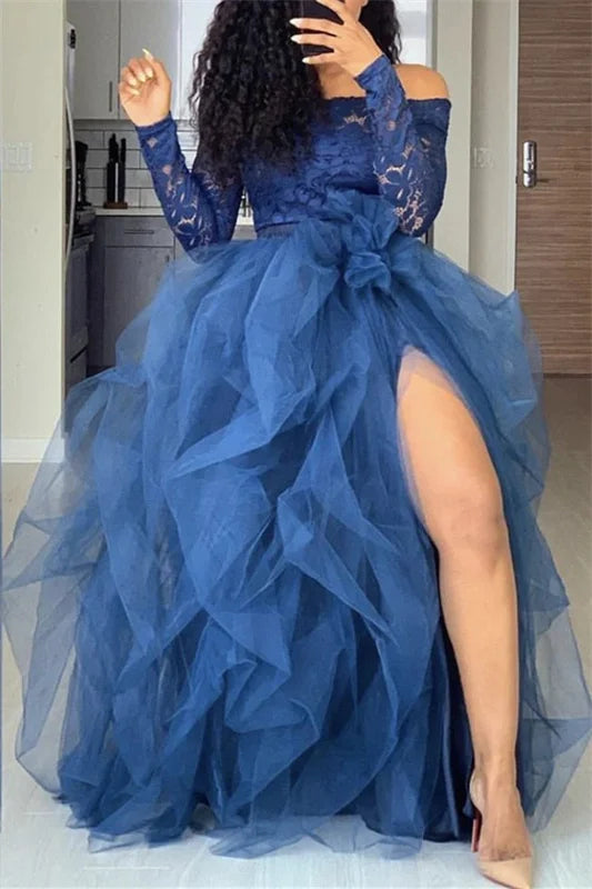 Women’s Tutu Long Skirt – Front Split Layered Tulle Puffy Skirts