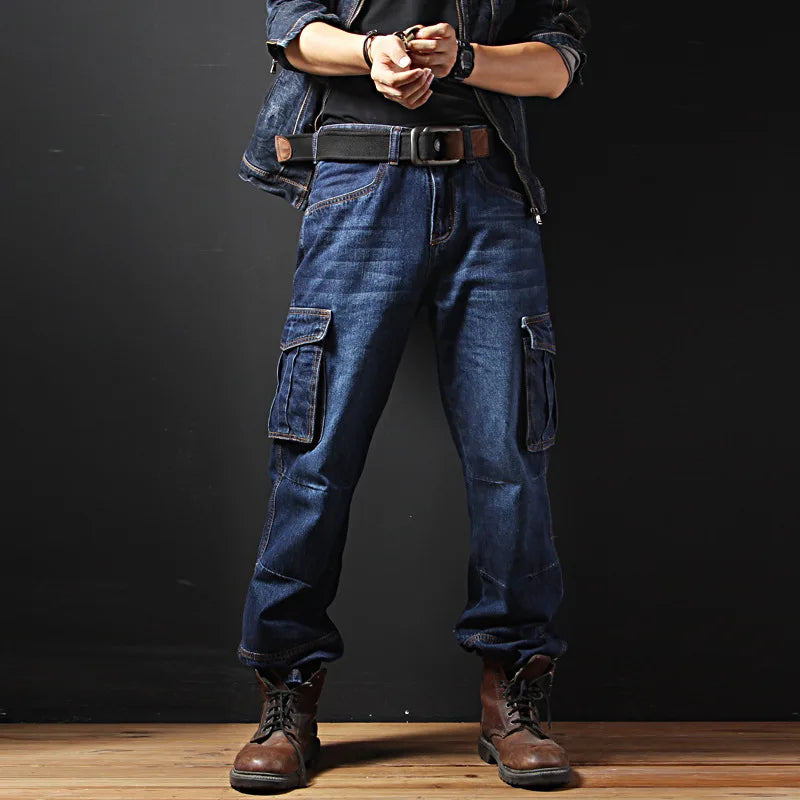 Men's Multi-Pocket Straight Cargo Jeans – Loose Fit Casual Denim