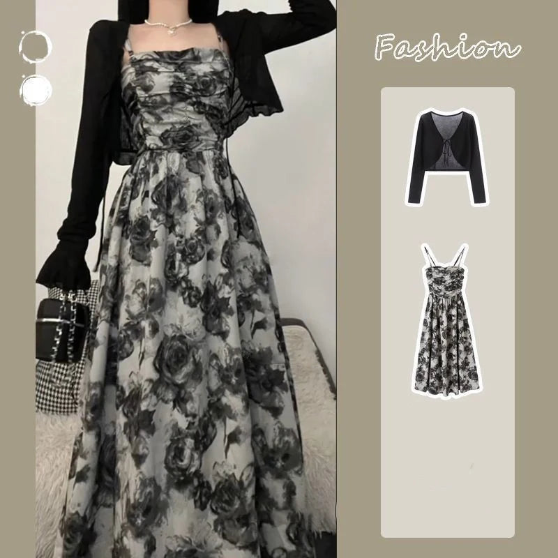 Rose Print Black Cardigan Dress Set – Lightweight, Loose, Casual Summer Sunscreen Two-Piece for Women