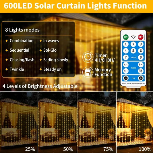 3×3M Solar Curtain String Lights – 300 LED Outdoor Decorative Lights with 8 Lighting Modes for Christmas, Halloween, Garden & Party Decor